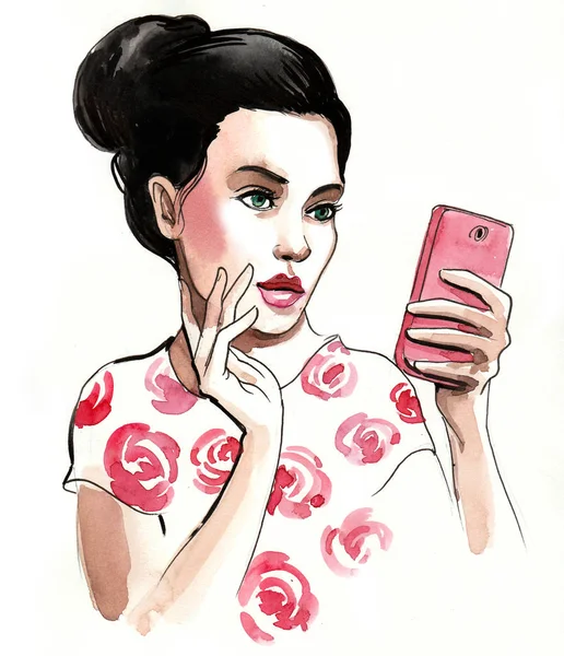 Una Chica Bonita Tomando Selfie Con Teléfono Dibujo Tinta Acuarela —  Fotos de Stock