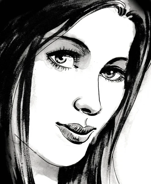 きれいな女性の顔 インクと水彩イラスト — ストック写真