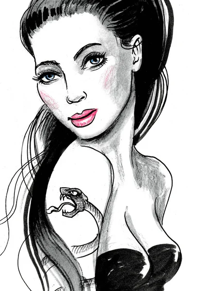 Jolie Femme Avec Tatouage Serpent Dessin Encre Aquarelle — Photo