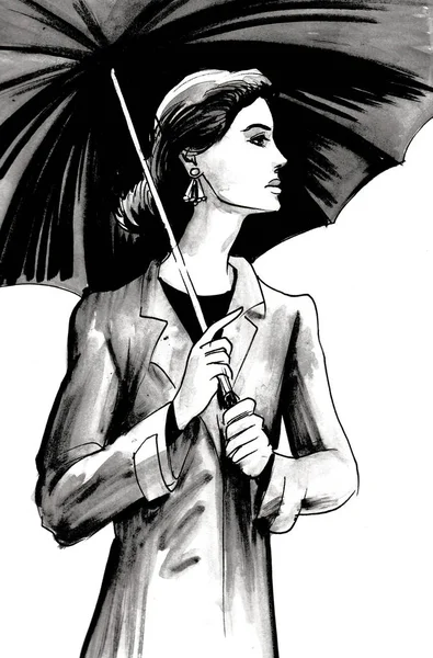 Pretty Girl Standing Umbrella Ink Watercolor Drawing — 스톡 사진