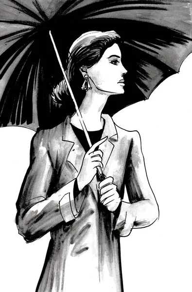 Jolie Fille Debout Sous Parapluie Dessin Encre Aquarelle — Photo