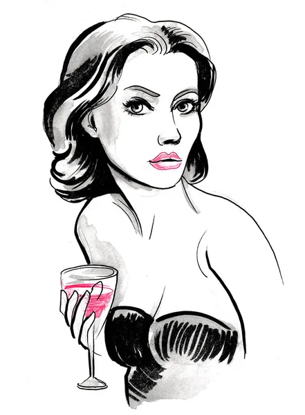 Pretty Woman Glass Red Wine Ink Watercolor Drawng — 스톡 사진