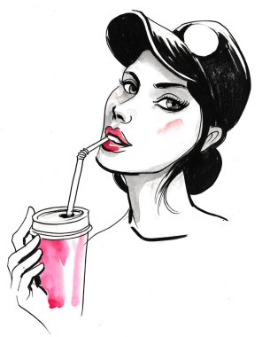 Güzel bir kadın pipetle içki içiyor. Mürekkep ve suluboya çizimi