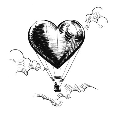 Gökyüzünde hava balonu. Mürekkep siyah beyaz çizim