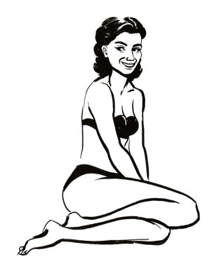 Mayo giymiş güzel bir kadın. Mürekkep siyah beyaz çizim