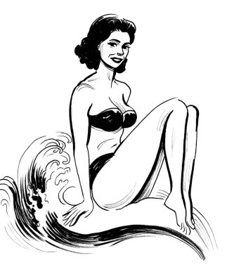 Plajda mayo giymiş bir kadın. Mürekkep siyah beyaz çizim
