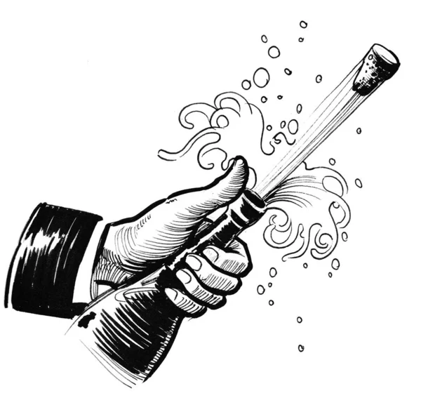 シャンパンボトルを開ける墨と白のドローイング — ストック写真