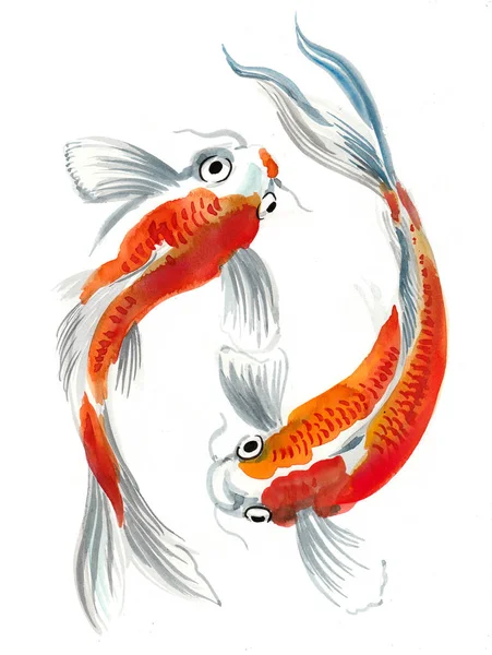 Sepasang Ikan Koi Ilustrasi Tinta Dan Cat Air — Stok Foto