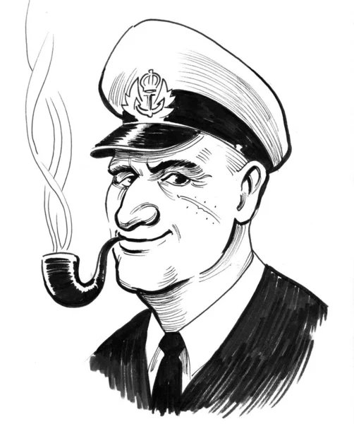 Capitão Mar Com Cachimbo Fumo Tinta Desenhos Animados Preto Branco — Fotografia de Stock