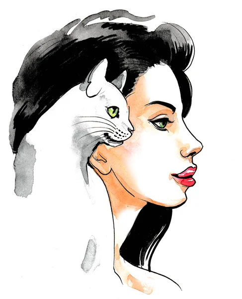 Pretty Brunette Woman White Cat Ink Watercolor Illustration — 스톡 사진