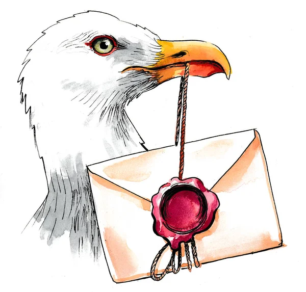 Mühürlü Bir Mektupla Martı Mürekkep Suluboya Çizimi — Stok fotoğraf