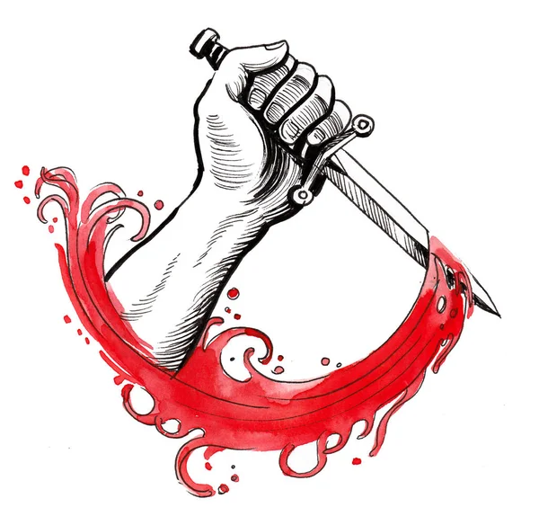 Hand Bloody Dagger Ink Watercolor Illustration — Stock Photo, Image