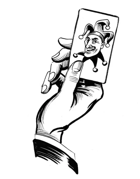 Kézfogás Joker Kártya Tinta Fekete Fehér Rajz — Stock Fotó