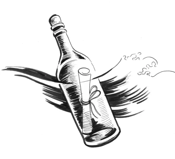 Wiadomość Butelce Czarno Biały Rysunek Atramentu — Zdjęcie stockowe
