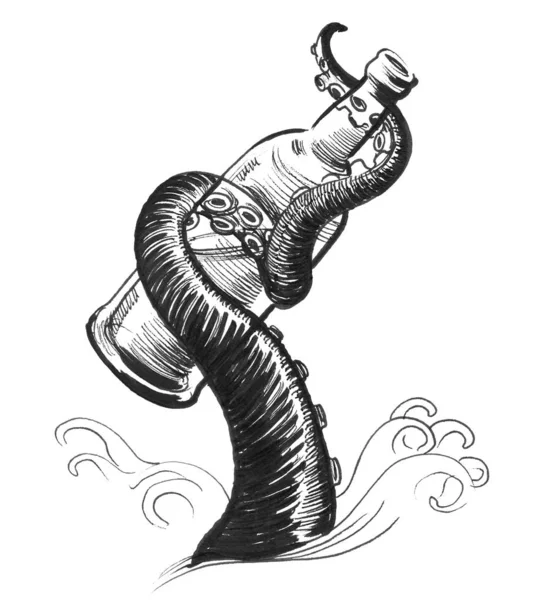 Octopus Bottle Ink Black White Drawing — 스톡 사진