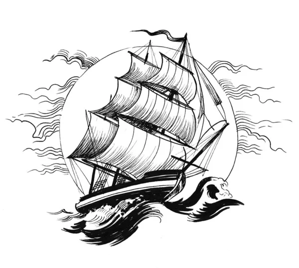 Tall Sailing Ship Sea Ink Black White Drawing — Stock Photo, Image