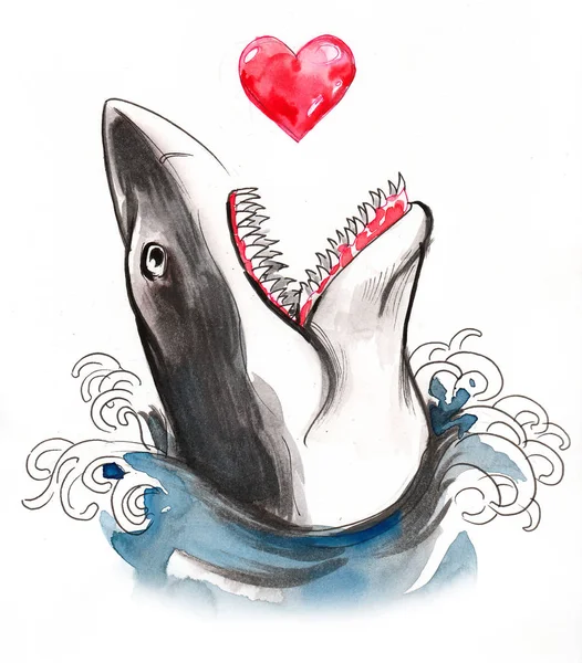 Tiburón Corazón Ilustración Tinta Acuarela —  Fotos de Stock
