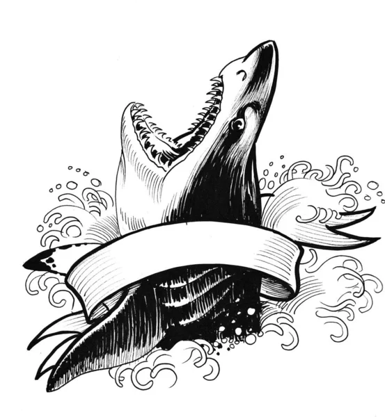 Angry shark in sea water and blank banner. Ink black and white drawing