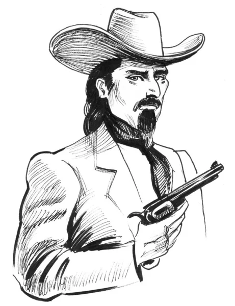 Cowboy Fegyverrel Tinta Fekete Fehér Rajz — Stock Fotó