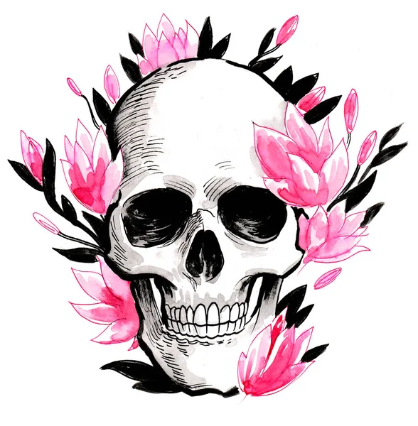 Calavera Humana Flores Rosadas Dibujo Tinta Acuarela — Foto de Stock