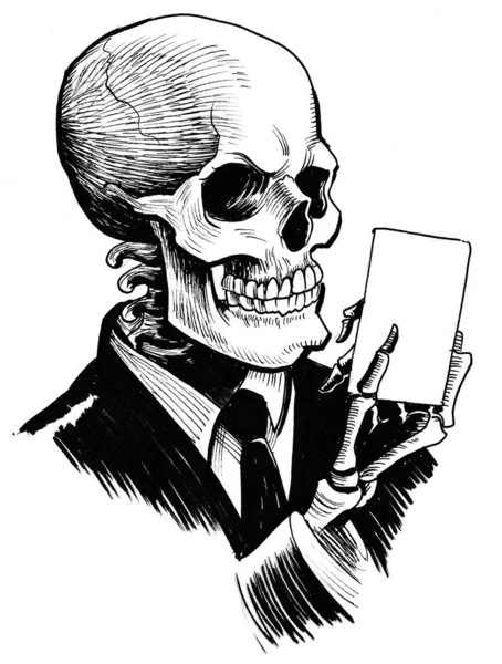 Ludzki Szkielet Kartami Gry Czarno Biały Rysunek Atramentu — Zdjęcie stockowe