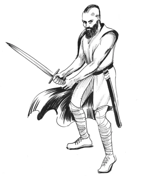 Viking Avec Une Épée Encre Dessin Noir Blanc — Photo