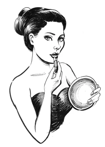 Jolie Femme Avec Miroir Rouge Lèvres Encre Dessin Noir Blanc — Photo