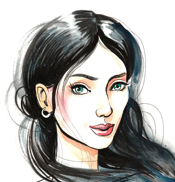 Beautiful Brunette Woman Ink Watercolor Drawing — Stock Photo, Image