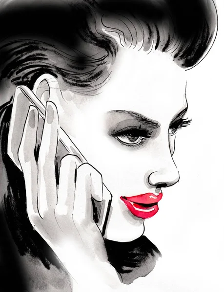 Woman Talking Phone Ink Black White Drawing — 스톡 사진