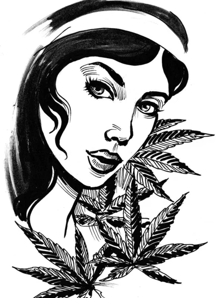 Mujer Cannabis Dibujo Blanco Negro Tinta — Foto de Stock