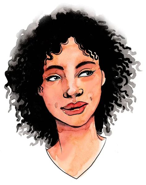 美丽的非裔美国女人 墨水和水彩画 — 图库照片