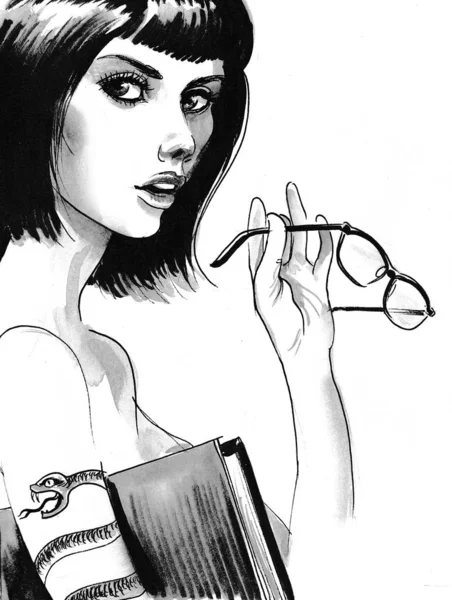 Une Fille Avec Livre Des Lunettes Encre Dessin Noir Blanc — Photo