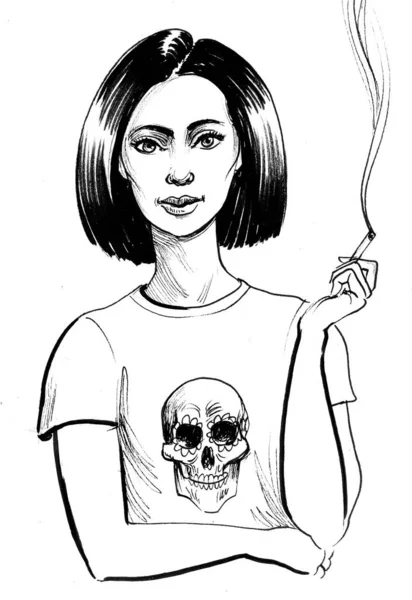 タバコを吸ってる女の子墨と白のドローイング — ストック写真