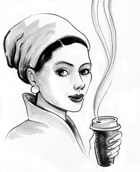 Bir Fincan Kahveli Güzel Bir Kız Mürekkep Siyah Beyaz Çizim — Stok fotoğraf