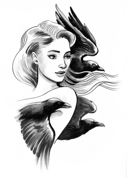 Beauty Crows Ink Black White Illustration — 스톡 사진