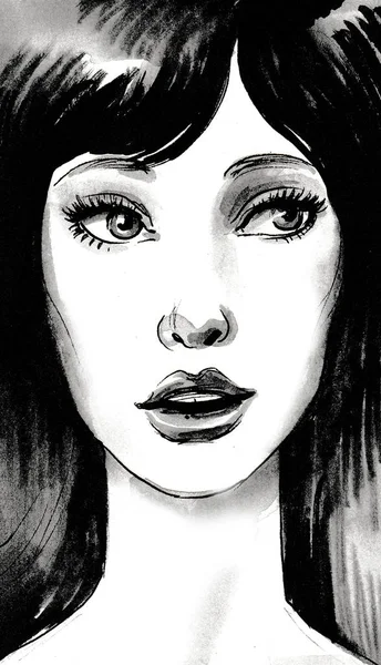 Joli Visage Femme Encre Dessin Noir Blanc — Photo