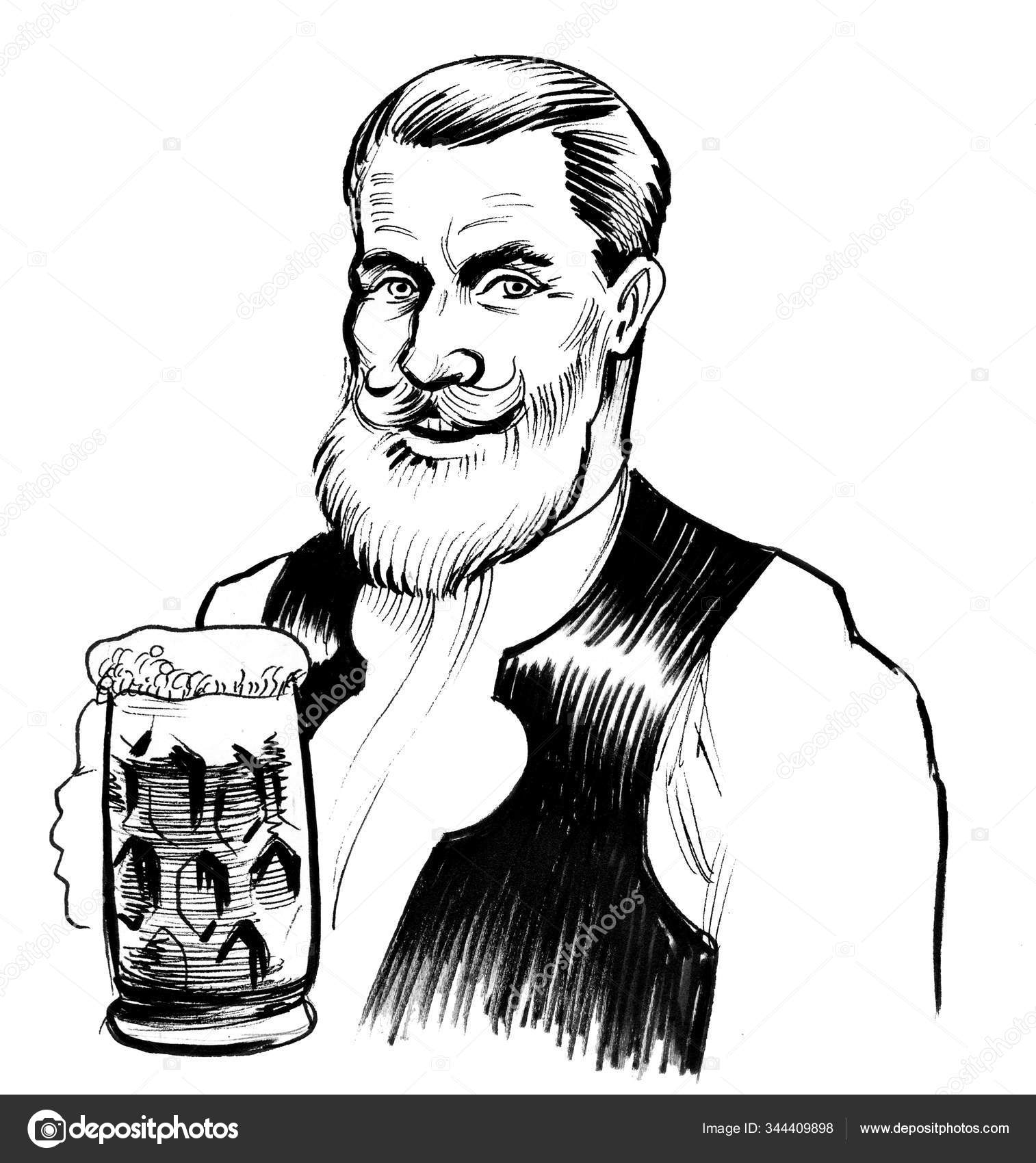 Skjeggete Tysk Mann Med Ølkrus Blekk Svart Hvit Tegning – stockillustrasjon  © alexblacksea #344409898, image size:1514x1700