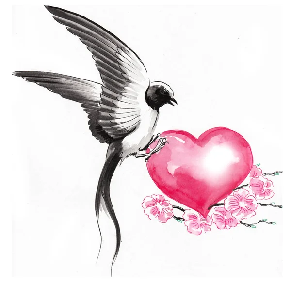 Ковтати Пташку Людське Серце Чорнило Акварельна Ілюстрація — стокове фото