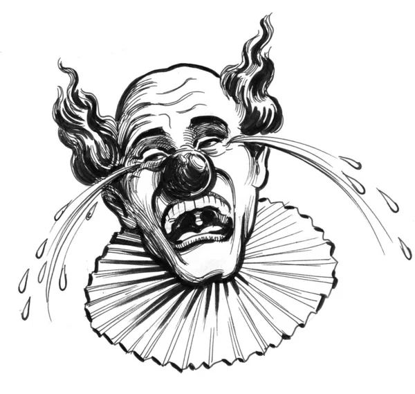 Crying clown. Ink black and white drawing