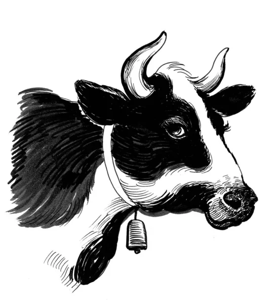 Cabeza Vaca Con Una Campana Dibujo Blanco Negro Tinta — Foto de Stock