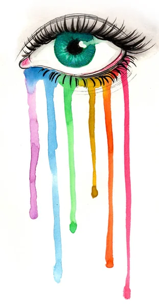 Olho Chorando Com Lágrimas Coloridas Arco Íris Tinta Aquarela Ilustração — Fotografia de Stock