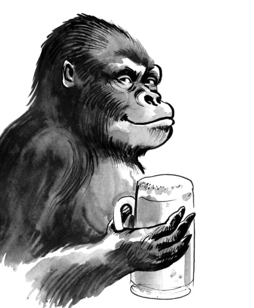 Happy smiling gorilla with a beer mug. Ink black and white drawing