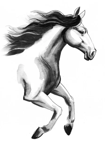 Біжить Кінь Чорнило Акварельна Ілюстрація — стокове фото