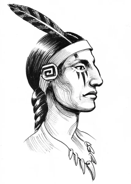 Indian Warrior Ink Black White Drawing — Stock Photo, Image