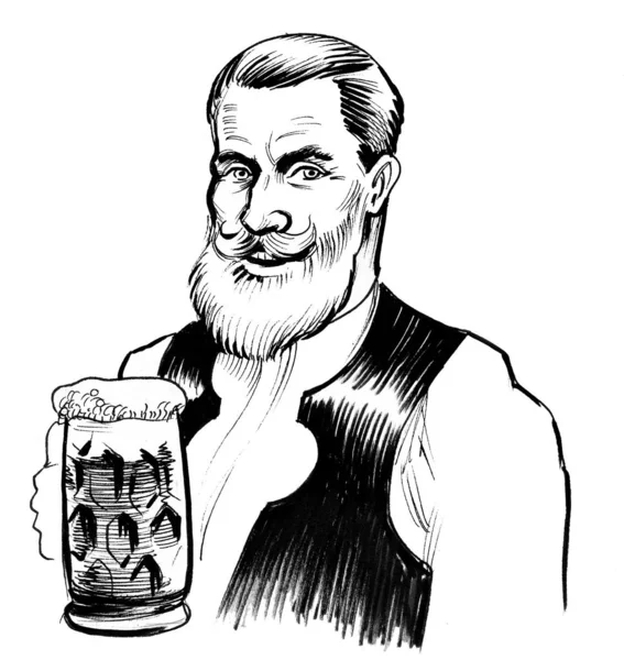 Bearded German Man Beer Mug Ink Black White Drawing — Stock Photo, Image