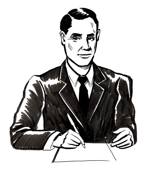 Businessman Signing Document Ink Black White Drawing — Stock Photo, Image