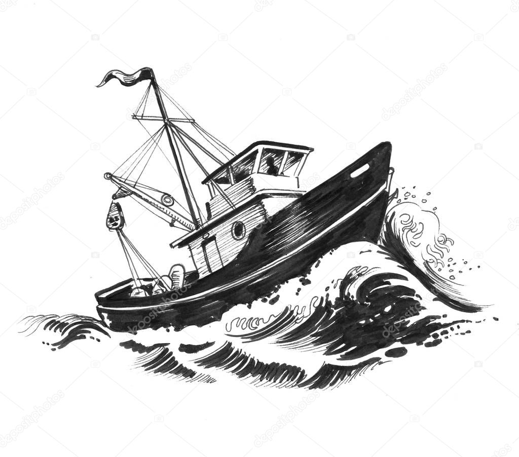 Fishing trawler in the stormy sea. Ink black and white drawing