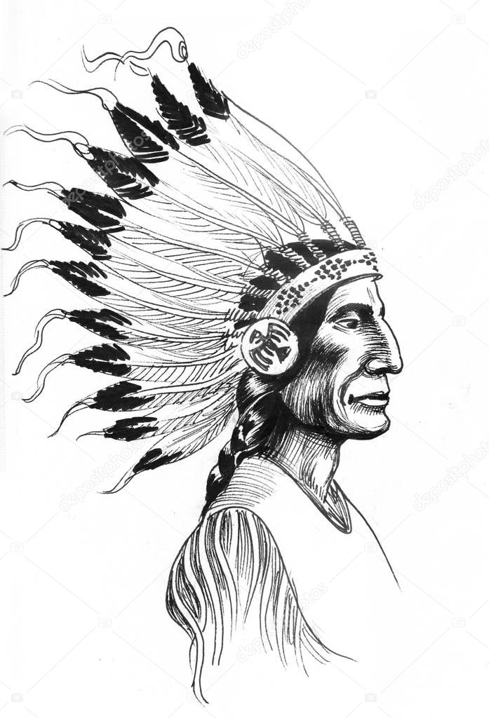 Indian chief. Ink black and white drawing
