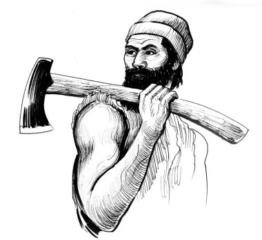 Baltalı oduncu. Mürekkep siyah beyaz çizim