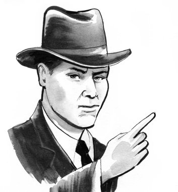 Şapkalı adam yukarı bakıyor. Mürekkep siyah beyaz çizim